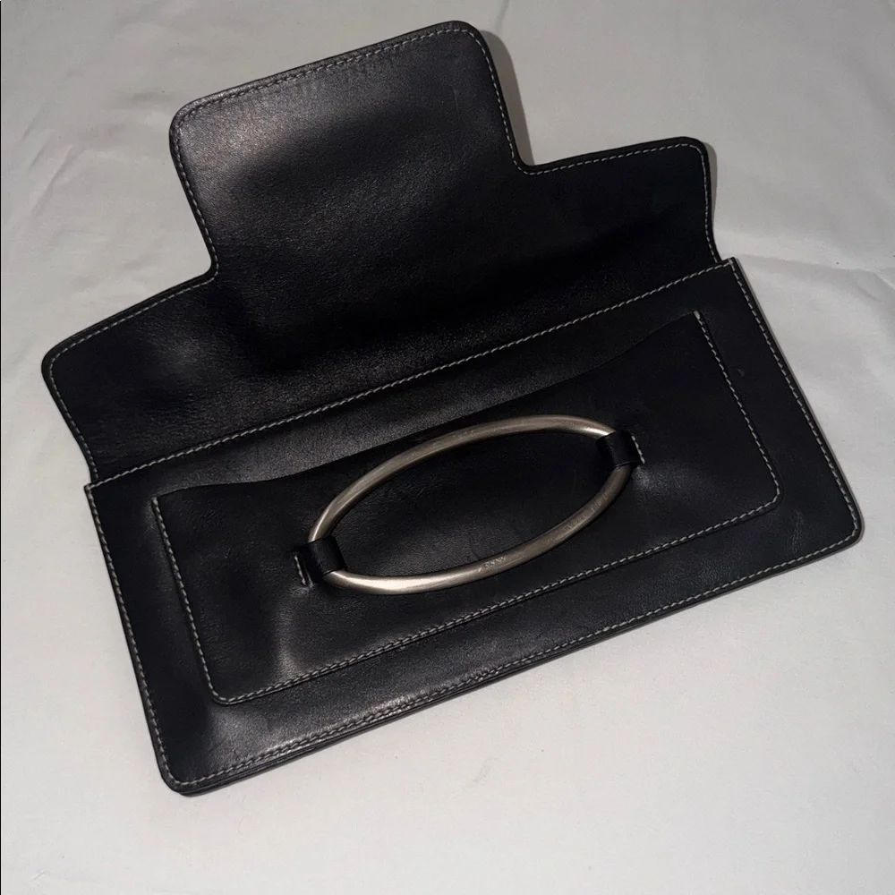 DKNY Black Leather Silver Buckle Minimal Envelope Style Clutch